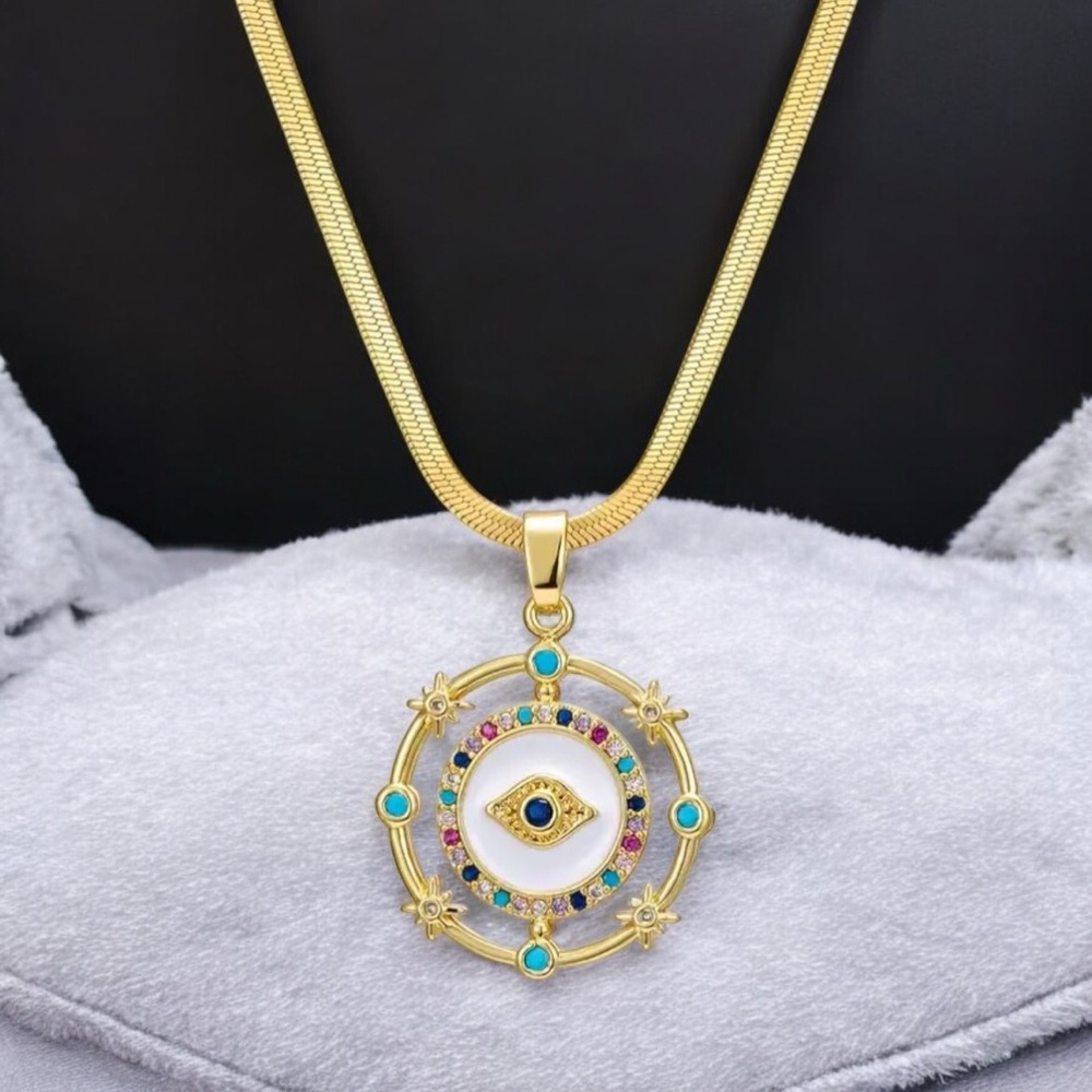 18k Gold- Plated Evil Eye Pendant Necklace with CZ Accents. New. - Picture 6 of 11